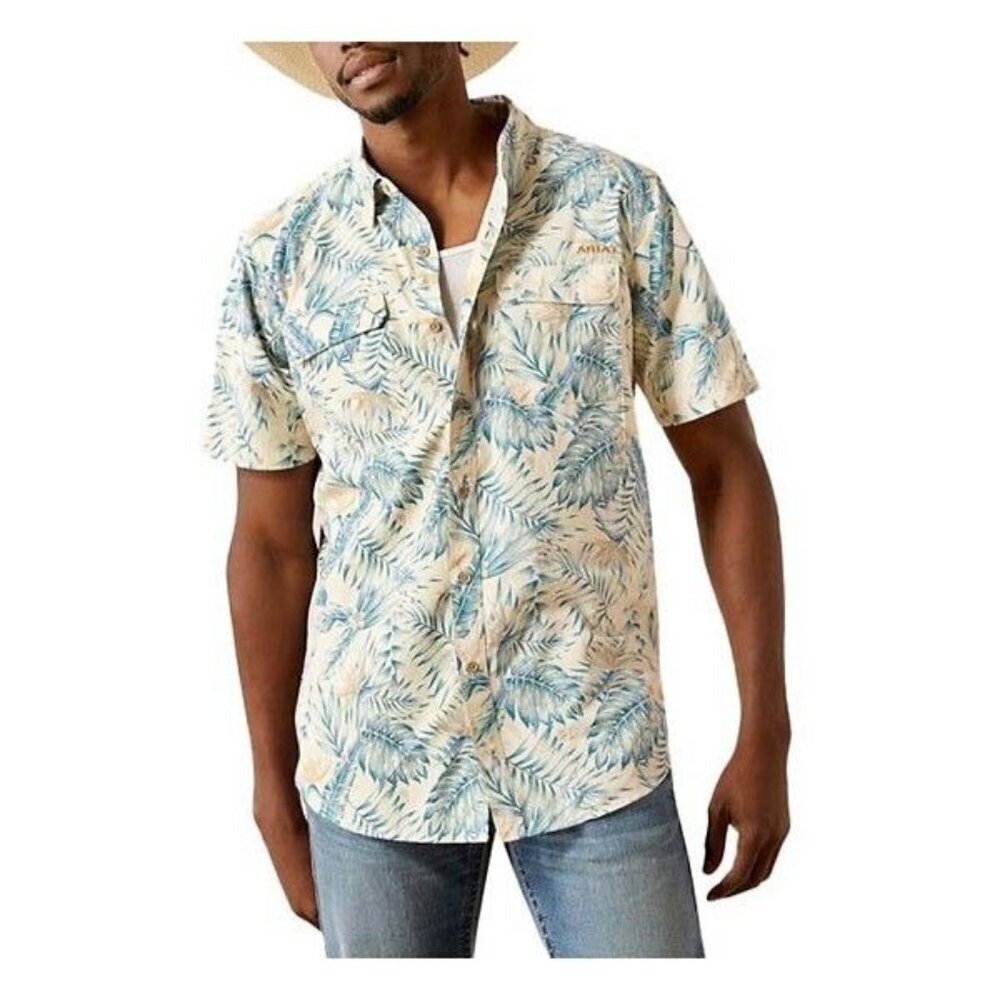 Ariat Men's LG Ventek Short Sleeve Outbound Fitted Palm Print Shirt Khaki 100588